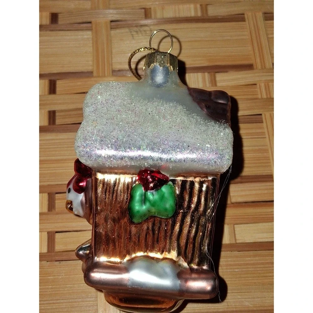 Vintage Blown Glass Birdhouse Christmas Ornament Bird in Snowy House 3